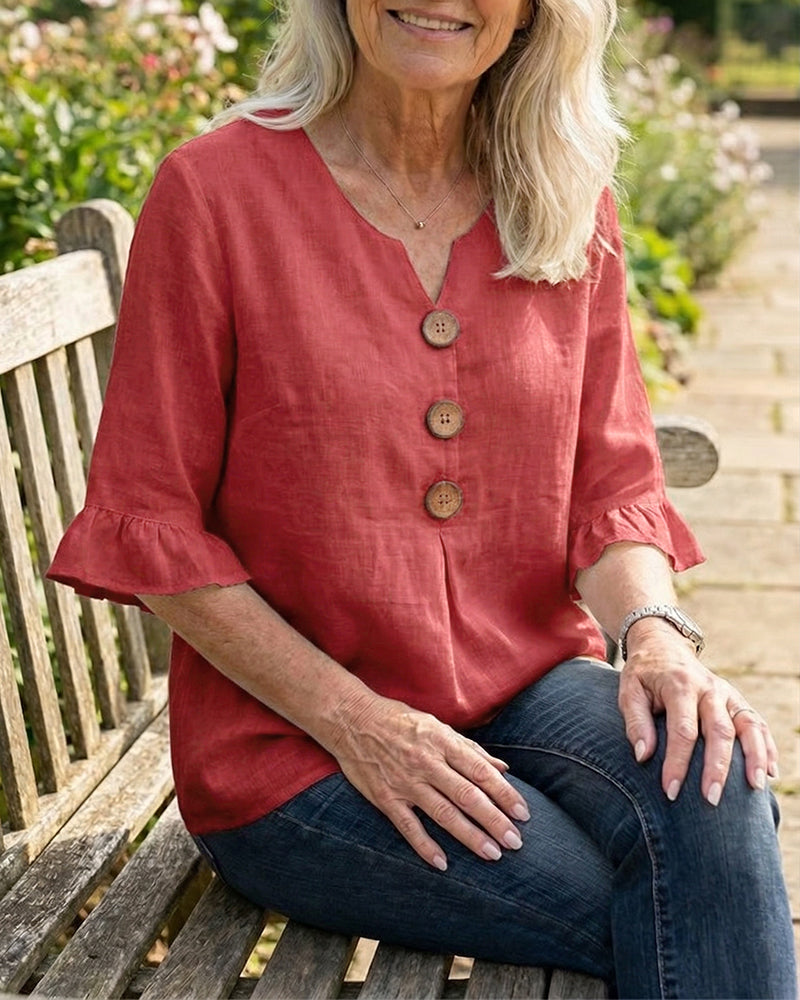 Chemisier Collo a V con Bottoni di Legno e Maniche a Volant