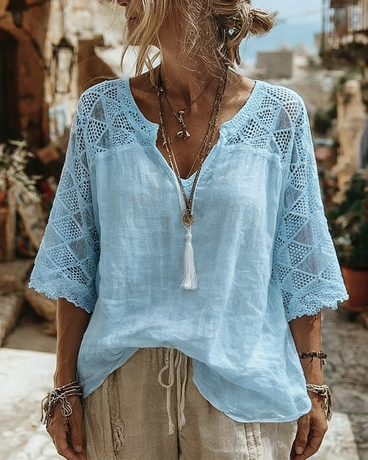 Blusa con Collo a V e Dettaglio in Pizzo
