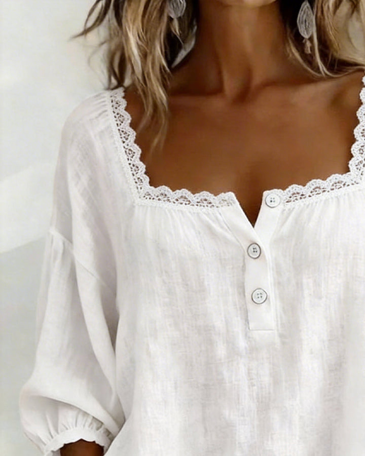 Blusa in Pizzo con Collo Quadrato e Maniche Sbuffate