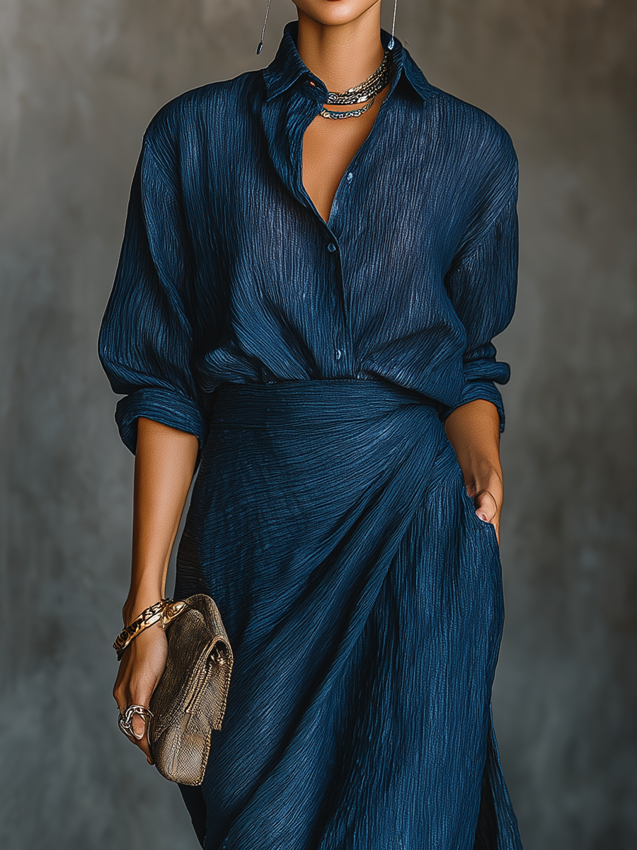 Set di Gonna Lunga e Camicia Elegante in Cotone e Lino di Colore Blu Navy