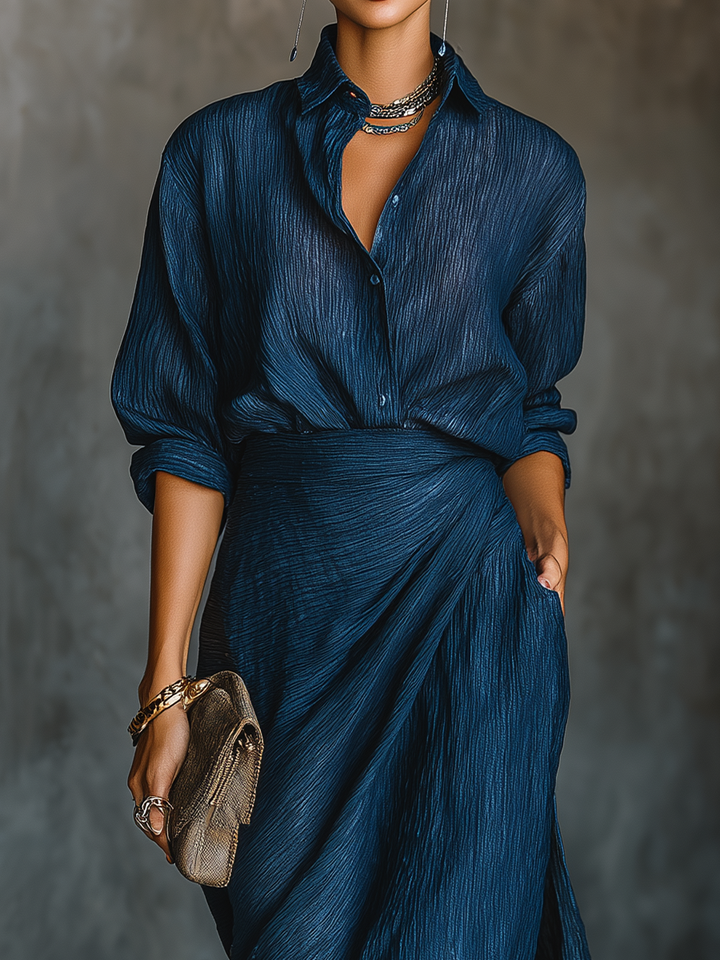 Set di Gonna Lunga e Camicia Elegante in Cotone e Lino di Colore Blu Navy