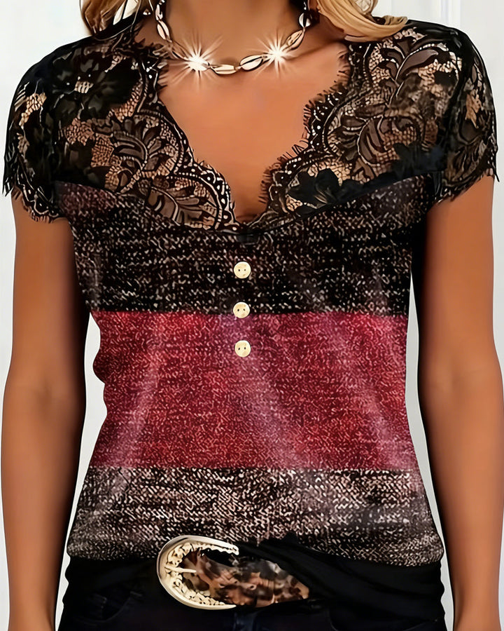 Maglietta Collo a V con Pizzo e Patchwork Colorato