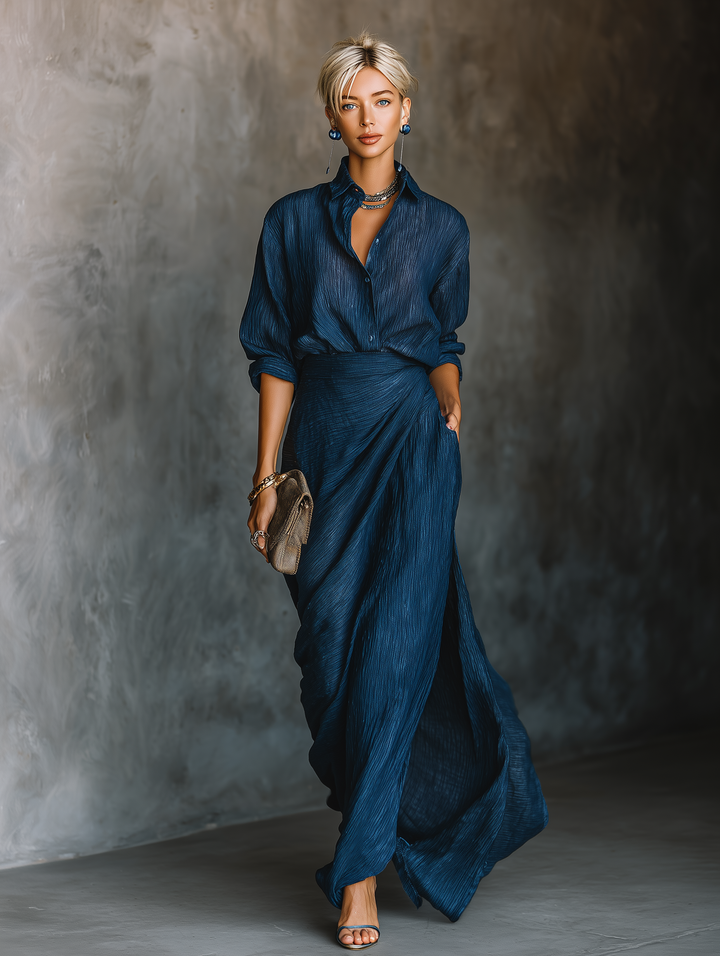 Set di Gonna Lunga e Camicia Elegante in Cotone e Lino di Colore Blu Navy