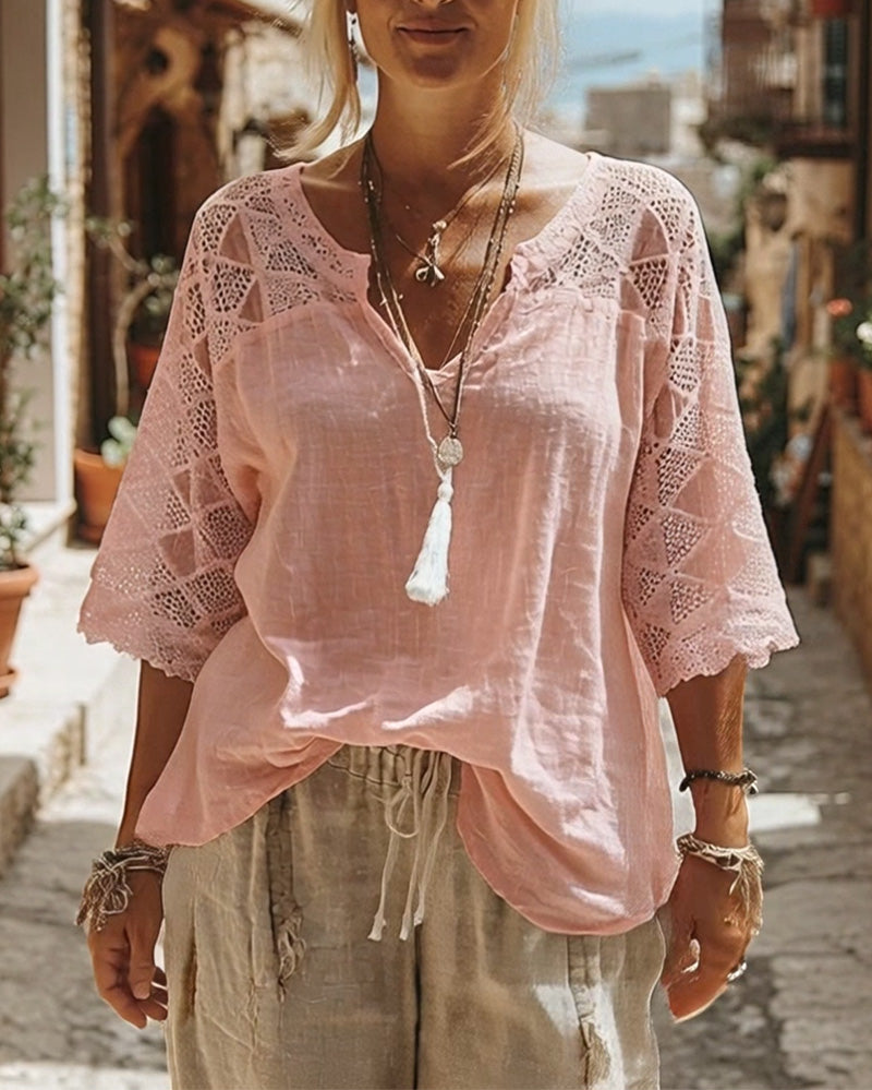 Blusa con Collo a V e Dettaglio in Pizzo
