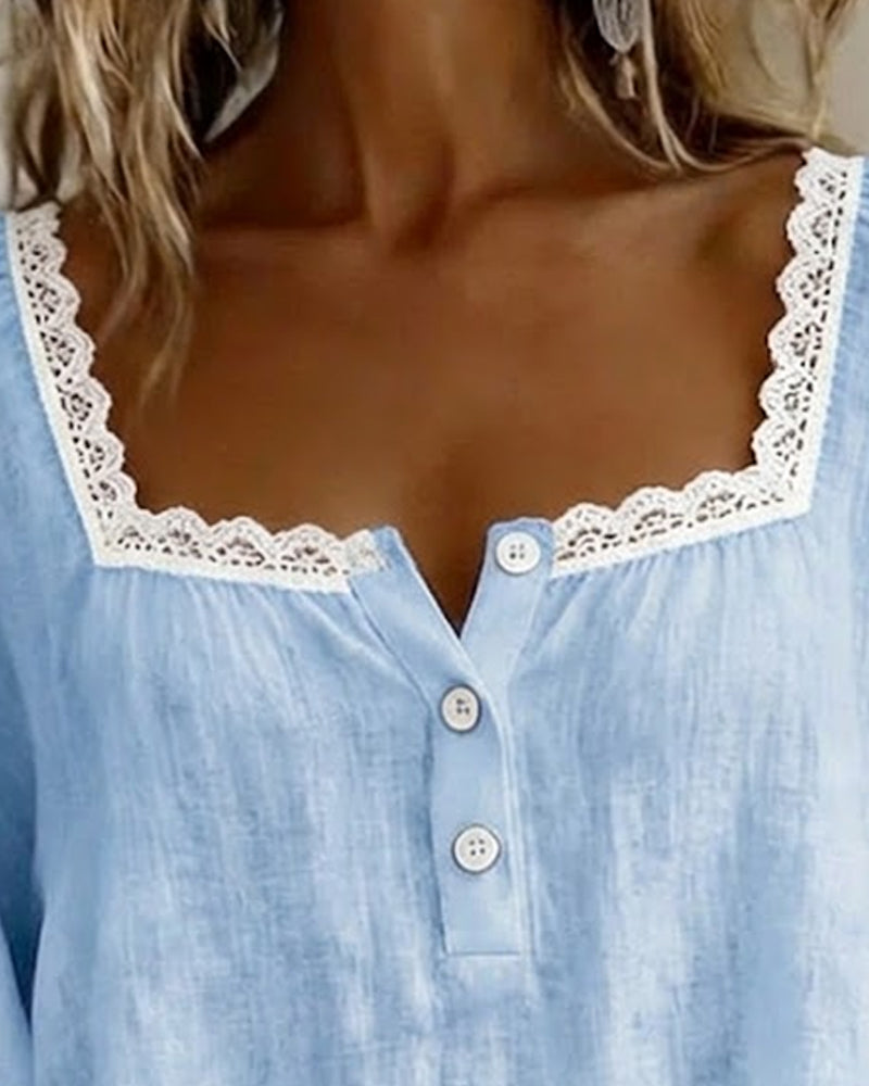Blusa in Pizzo con Collo Quadrato e Maniche Sbuffate